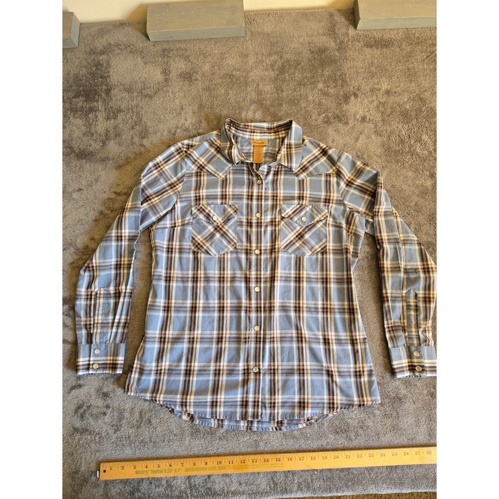 Wrangler Western Snap Shirt Women Large Blue Brown Plaid Excellent Pearl Snap